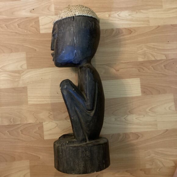 Vtg African Tribal Wood Hand Carved Primitive Statue Seated Figure Rope Hat - Picture 7 of 13